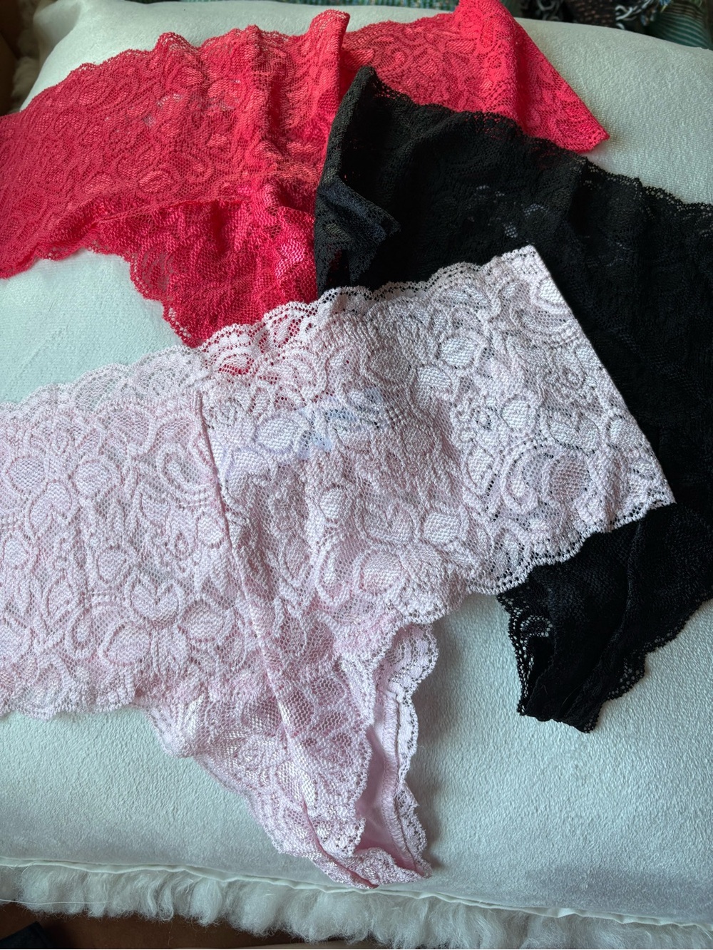 Quince Lace Bikini Panties Trio in Red, Black & Light Pink